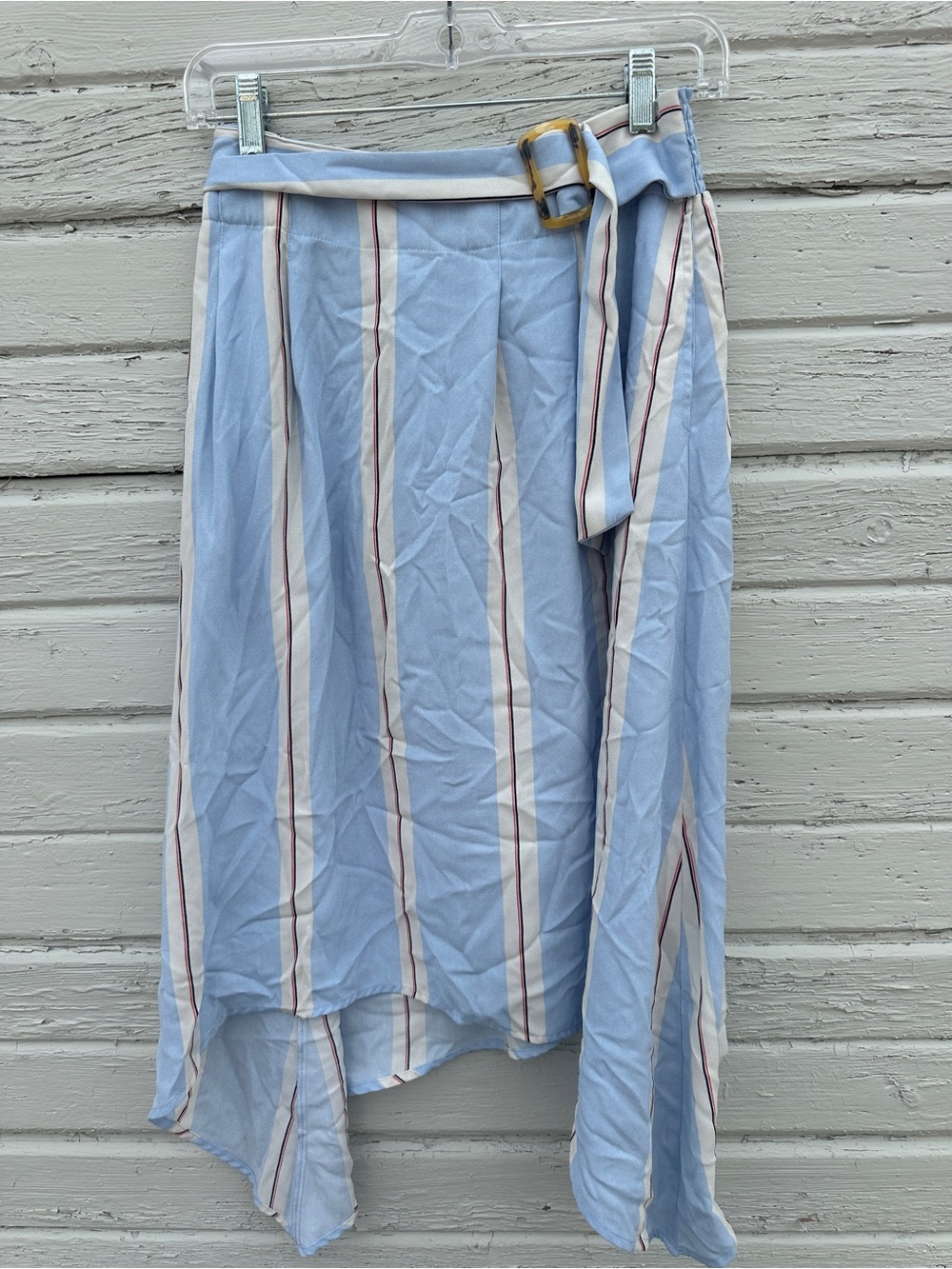 Light Blue Striped High-Low Wrap Skirt with Belt